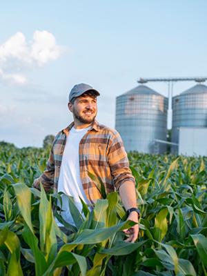 Farmer standing in their field looking at the horizon